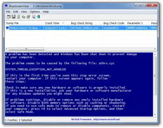 نمایش محیط نرم‌افزار BlueScreenView و تحلیل خطای SYSTEM_THREAD_EXCEPTION_NOT_HANDLED