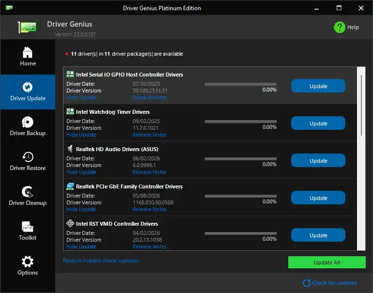 نمایش محیط نرم‌افزار Driver Genius Platinum برای مدیریت و آپدیت درایورها در زمان قطعی اینترنت