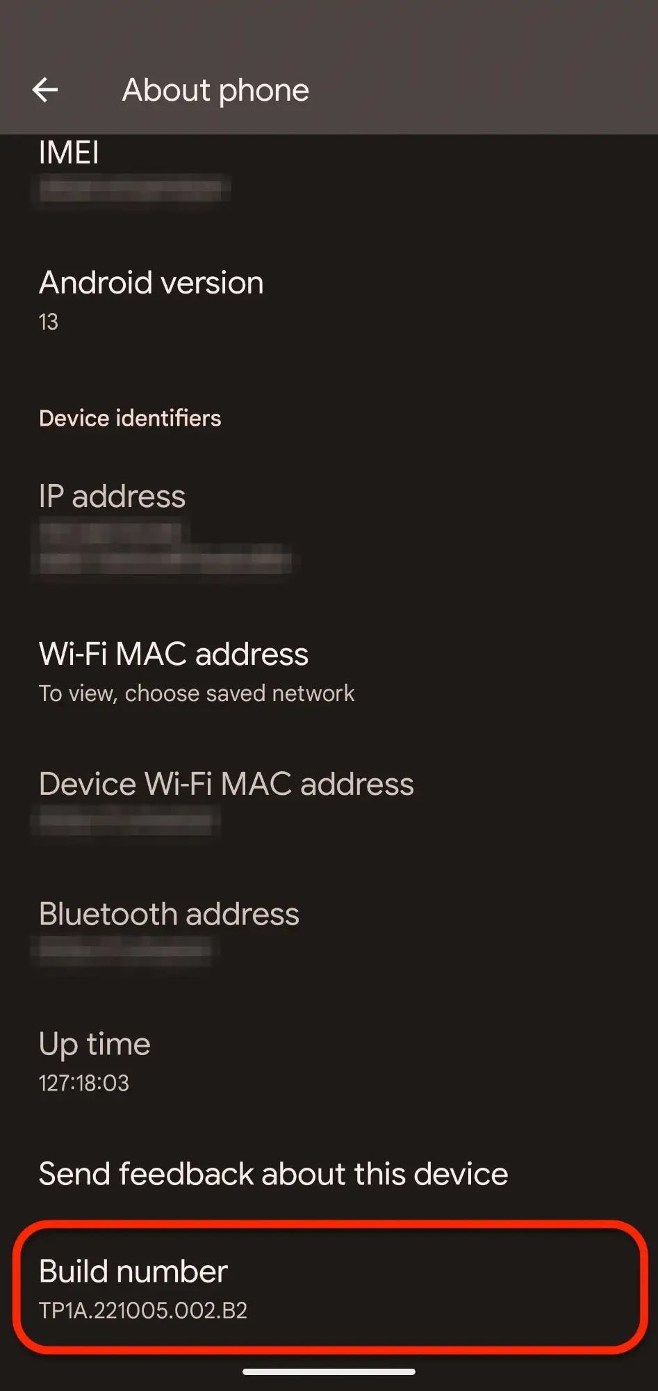 مرحله ۲: کلیک کردن روی Build Number برای فعال‌سازی Developer Options
