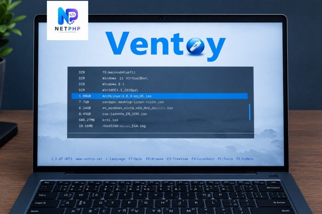 منوی بوت Ventoy با لیست فایلهای ISO